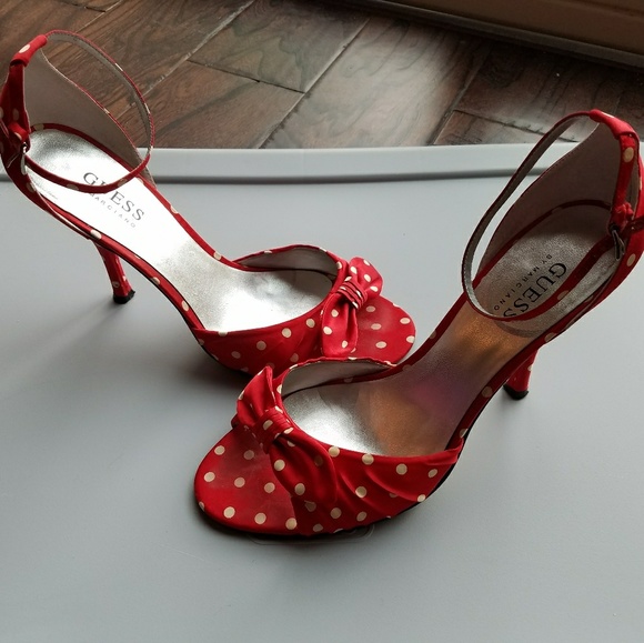 red and white polka dot heels